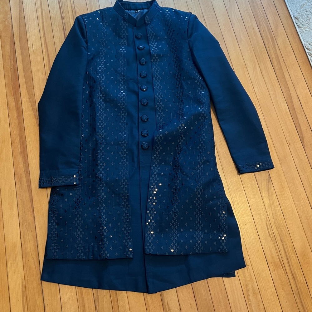 Navy Blue Sequins Embroidered Sherwani - Size 40